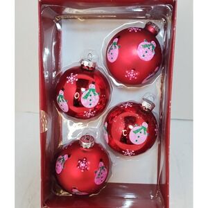 VTG Set of 4 Red Glass Christmas Ornaments Snowman & Snowflakes December Home
